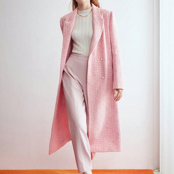 Pink Elegant Women's Premium Long Tweed Belted Coat - Picture 1 of 8